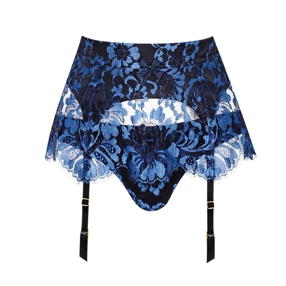 NWT Agent Provocateur Soirée Mei Blue and Black Lace Suspender Garter Size 2 - Picture 1 of 5